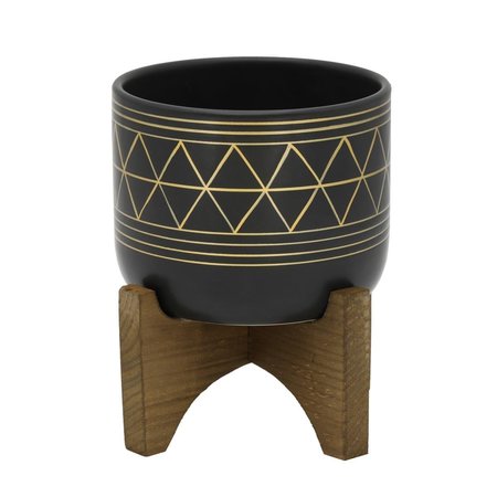 FLORA BUNDA CT044EBKGD Black  Gold Geo Planter on Wood Stand CT044EBK/GD